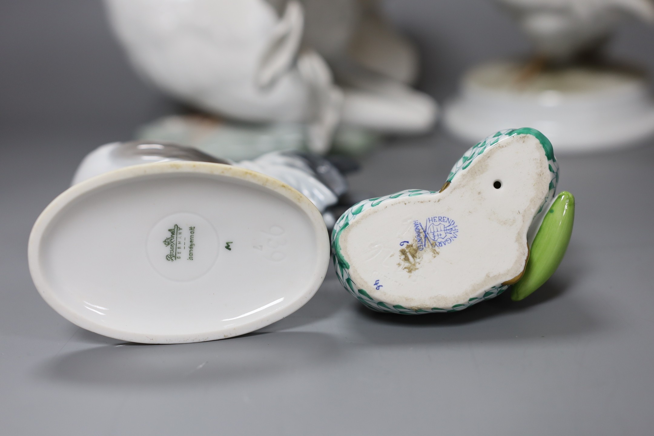 A Herend model of a rabbit, a pair of Rosenthal porcelain models of cockerels and a porcelain pigeon, tallest 15cm, (4)